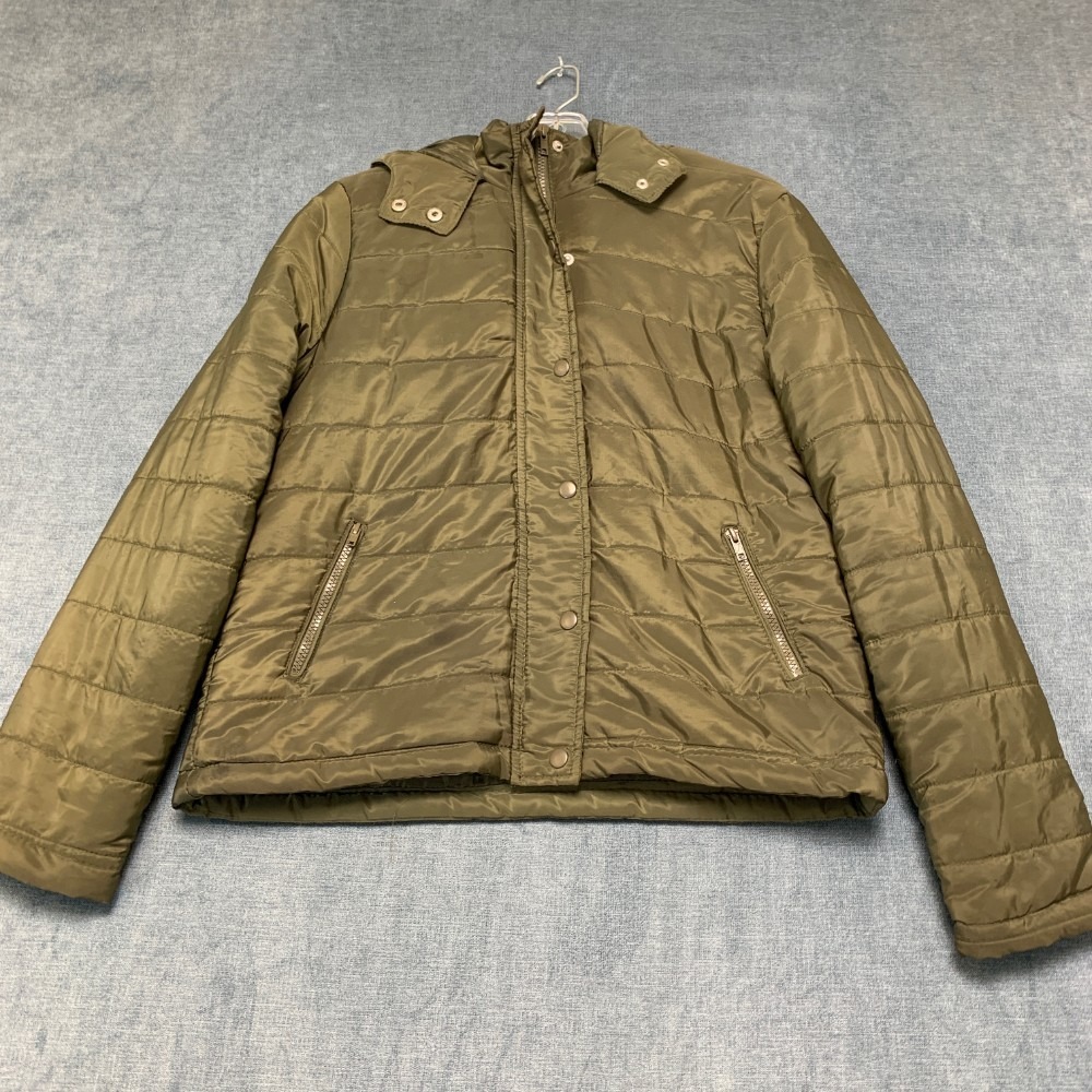 Ambiance Outerwear Puffer Jacket Womens L Olive Green Hooded Snap Front Outdoor